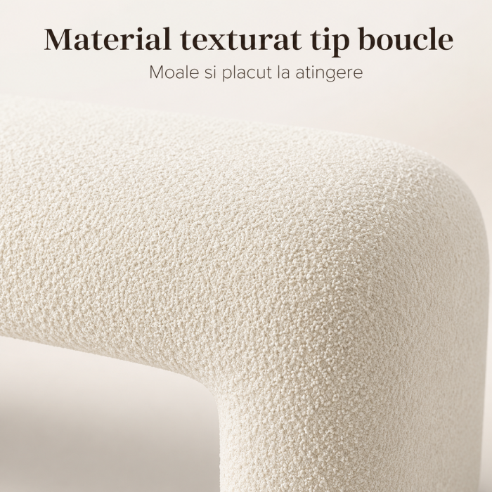 Bancheta Decorativa Tapitata pentru Hol sau Dormitor, 100x35x42 cm, Material Boucle/Teddy, Colturi Rotunjite, Design Modern, Alb Ivory [2]