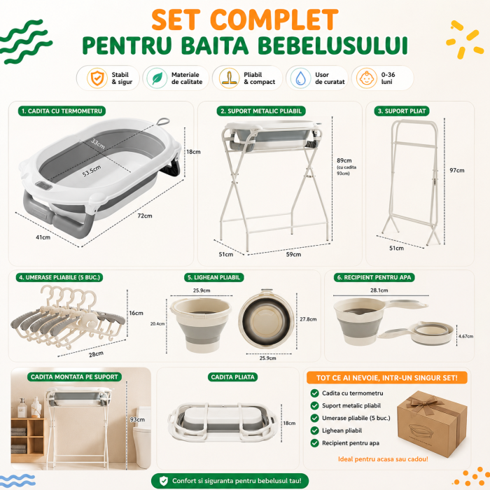 Cadita Pliabila Bebelusi cu Suport Metalic, Termometru Digital, Recipiente Pliabile, Set Umerase Inclus,  Suport Antialunecare, Pliere Compacta, 0-36 luni, Gri [2]