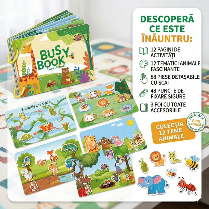 Carte Senzoriala Interactiva Busy Book – Tematica Animale, cu Piese Detasabile Velcro [2]