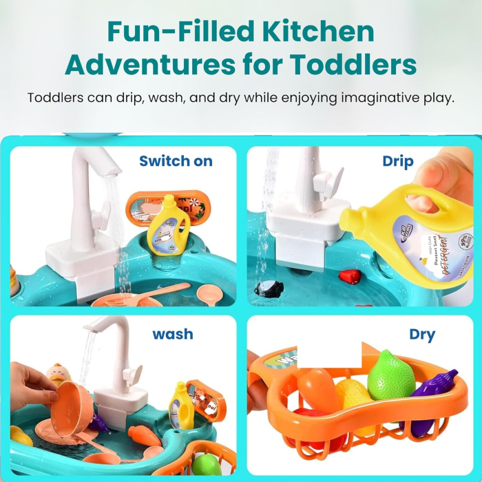 Chiuveta Interactiva pentru Copii 3-in-1, Apa Circulanta, Tobogan, Pescuit – Distractie cu Pestisori, Ratuste si Ustensile, Roz [3]