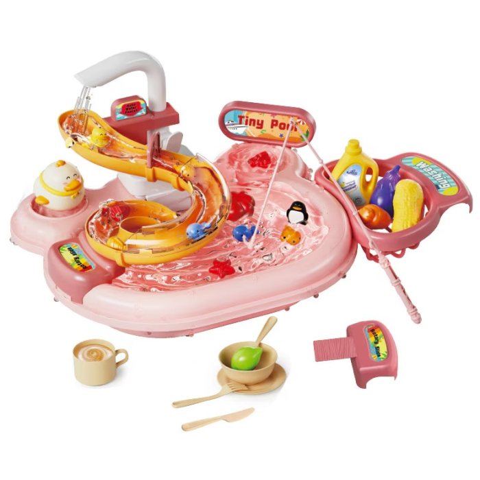 Chiuveta Interactiva pentru Copii 3-in-1, Apa Circulanta, Tobogan, Pescuit – Distractie cu Pestisori, Ratuste si Ustensile, Roz [2]