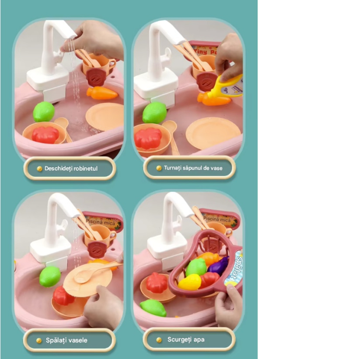 Chiuveta Interactiva pentru Copii 3-in-1, Apa Circulanta, Tobogan, Pescuit – Distractie cu Pestisori, Ratuste si Ustensile, Roz [8]