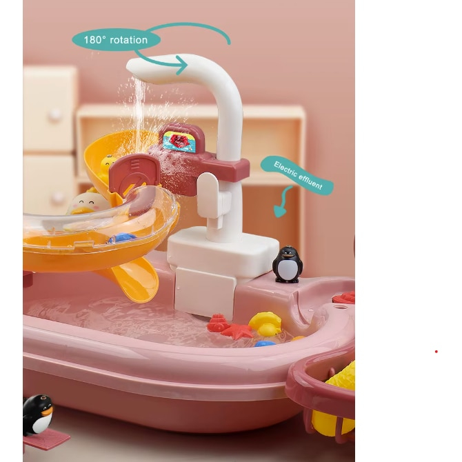 Chiuveta Interactiva pentru Copii 3-in-1, Apa Circulanta, Tobogan, Pescuit – Distractie cu Pestisori, Ratuste si Ustensile, Roz [6]