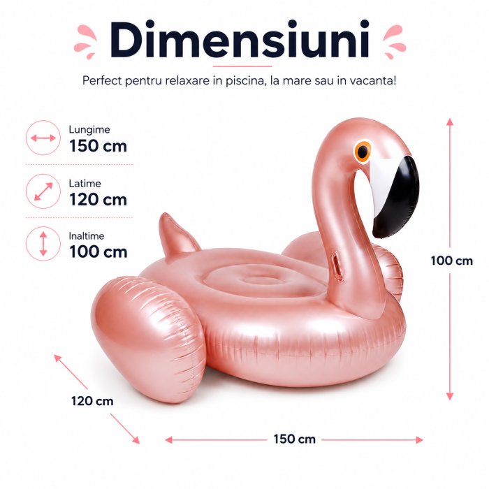 Colac Gonflabil Flamingo XXL, 150 x 120 x 100 cm, Manere pentru Stabilitate, pentru Piscina si Plaja, PVC Rezistent, Roz [7]