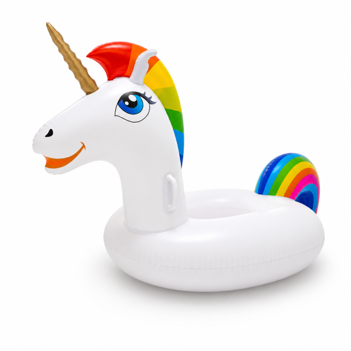 Colac Gonflabil Tip Unicorn XXL, 185 cm, pentru Piscina si Plaja, Design Multicolor Curcubeu [7]
