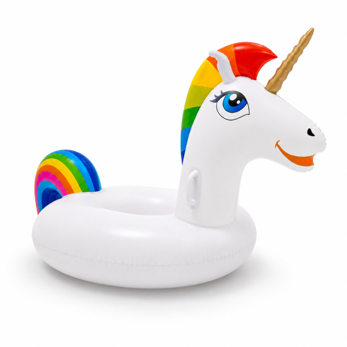 Colac Gonflabil Tip Unicorn XXL, 185 cm, pentru Piscina si Plaja, Design Multicolor Curcubeu [6]