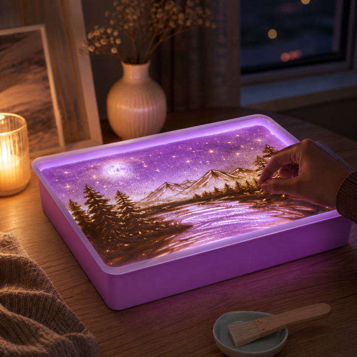 Cutie Luminoasa pentru Desen cu Nisip, Set Creativ pentru Copii cu Iluminare LED, Alimentare USB, Nisip si Accesorii, 40x28x9 cm, Mov/Albastru [3]