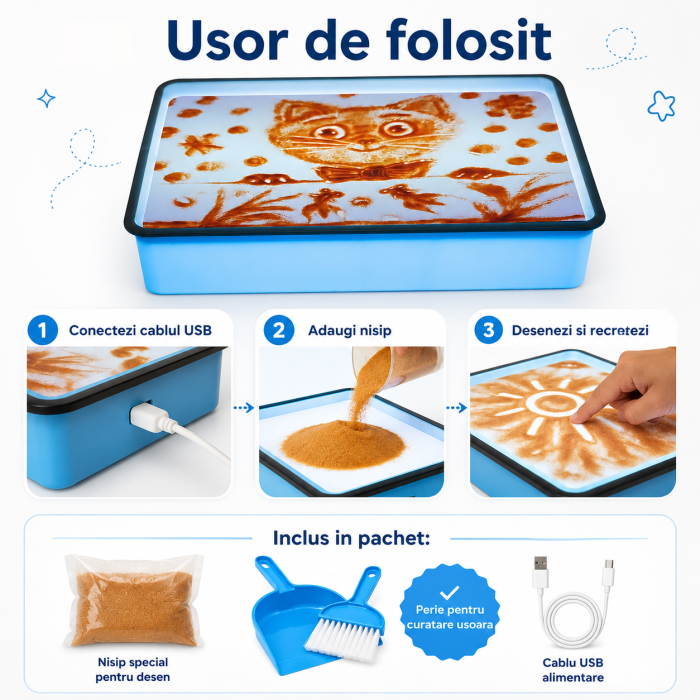 Cutie Luminoasa pentru Desen cu Nisip, Set Creativ pentru Copii cu Iluminare LED, Alimentare USB, Nisip si Accesorii, 40x28x9 cm, Mov/Albastru [2]