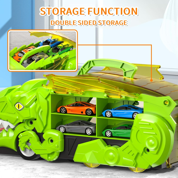 DinoMax Transporter – Camionul care Inghite Masini, 8 Masinute Metalice, Pista de Lansare, Depozitare Inteligenta [4]