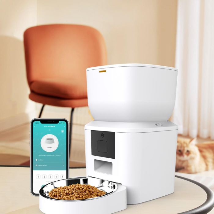 Dispenser Hrana Automat pentru Caini si Pisici, Inregistrare vocala, Programabil prin aplicatie, Bol inox, Alb [2]