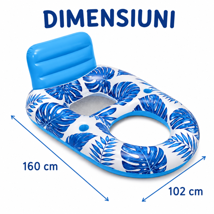 Fotoliu Gonflabil pentru Piscina, 160 x 102 cm, Spatar Inalt, 2 Suporturi pentru Pahare, Design Tropical, Albastru [7]