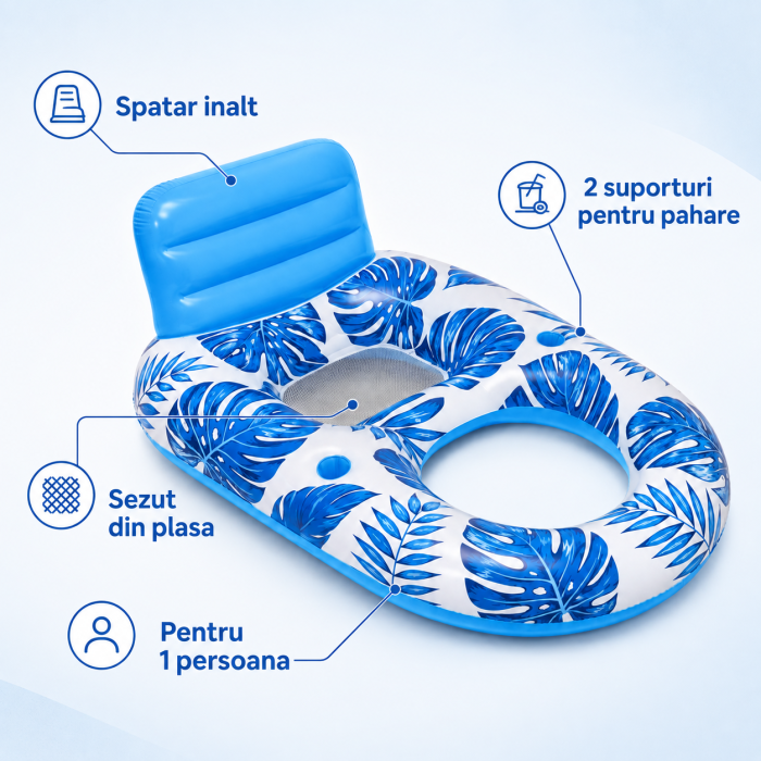 Fotoliu Gonflabil pentru Piscina, 160 x 102 cm, Spatar Inalt, 2 Suporturi pentru Pahare, Design Tropical, Albastru [2]