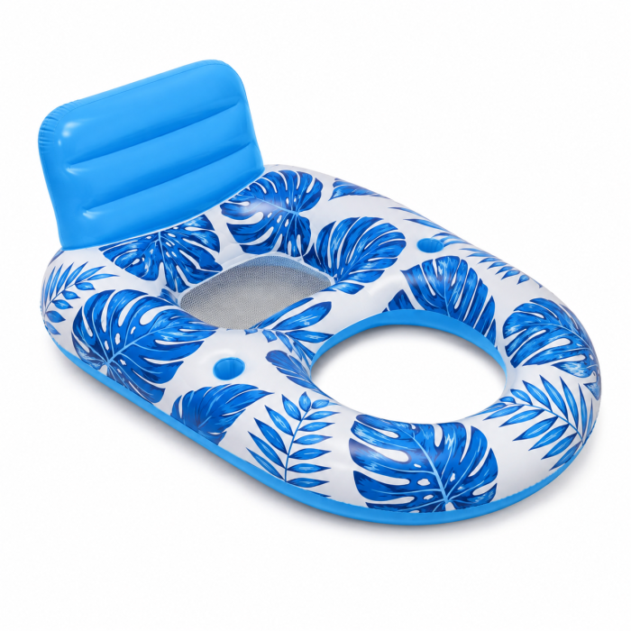 Fotoliu Gonflabil pentru Piscina, 160 x 102 cm, Spatar Inalt, 2 Suporturi pentru Pahare, Design Tropical, Albastru [4]
