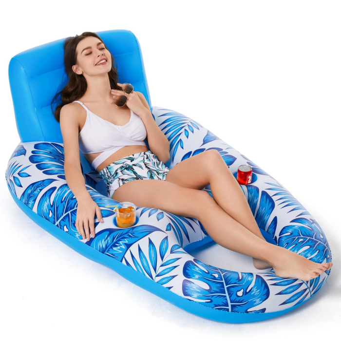 Fotoliu Gonflabil pentru Piscina, 160 x 102 cm, Spatar Inalt, 2 Suporturi pentru Pahare, Design Tropical, Albastru [3]