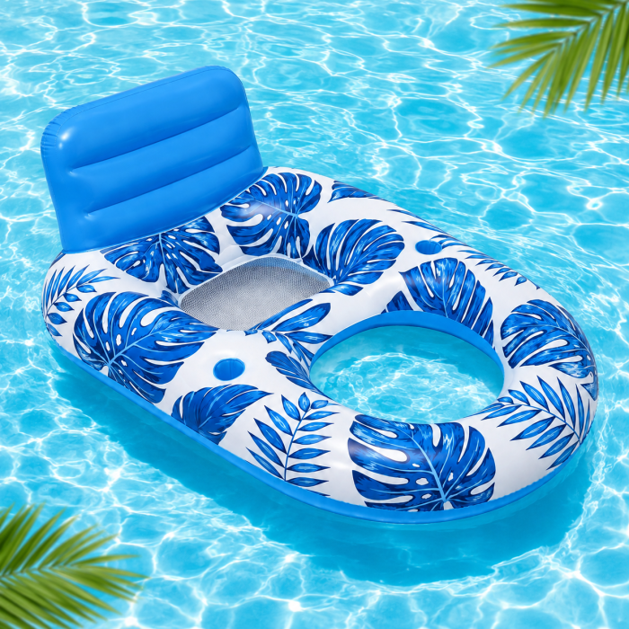 Fotoliu Gonflabil pentru Piscina, 160 x 102 cm, Spatar Inalt, 2 Suporturi pentru Pahare, Design Tropical, Albastru [8]