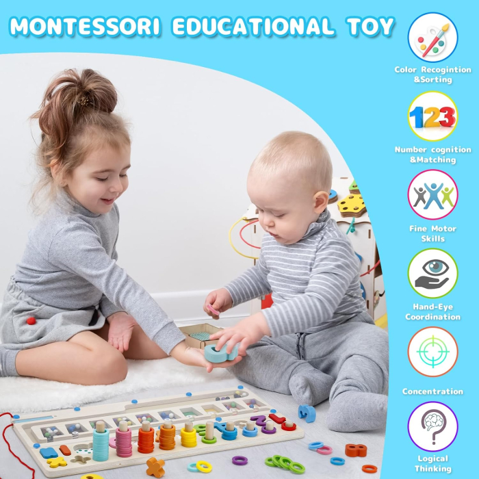 Joc Educativ din Lemn, Labirint Montessori, Cifre, Margele si Stilou Magnetic, Stivuire Piese [5]