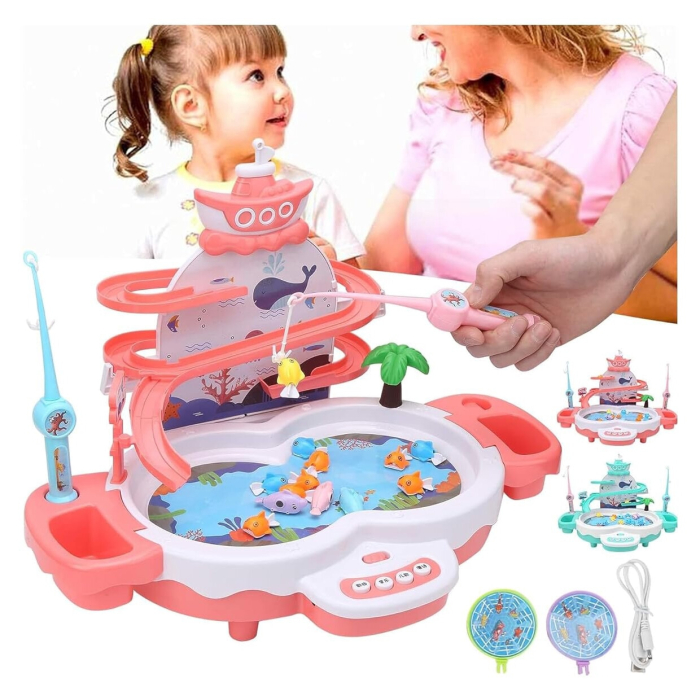 Joc interactiv de pescuit, Tobogan si Lift pentru Pestisori, 2 Undite si 2 Palete Incluse, Roz, Joynix [6]