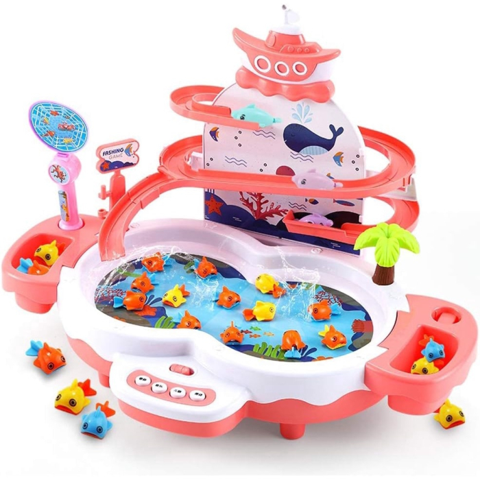Joc interactiv de pescuit, Tobogan si Lift pentru Pestisori, 2 Undite si 2 Palete Incluse, Roz, Joynix [10]