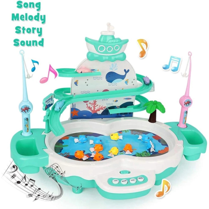 Joc interactiv de pescuit, Tobogan si Lift pentru Pestisori, 2 Undite si 2 Palete Incluse, Turcoaz, Joynix [6]