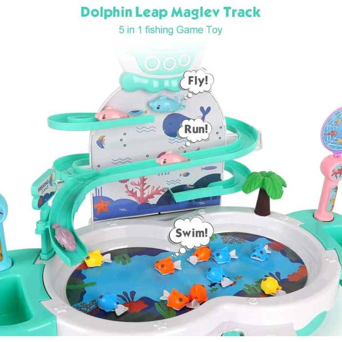 Joc interactiv de pescuit, Tobogan si Lift pentru Pestisori, 2 Undite si 2 Palete Incluse, Turcoaz, Joynix [3]