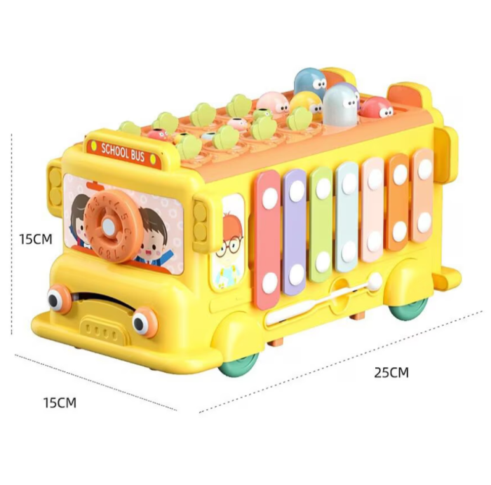 Jucarie Interactiva Autobuz Scolar, Jucarie Educationala Montessori cu Xilofon, Ciocane, Invatarea Ceasului, Joc de Pescuit, Recoltare [6]