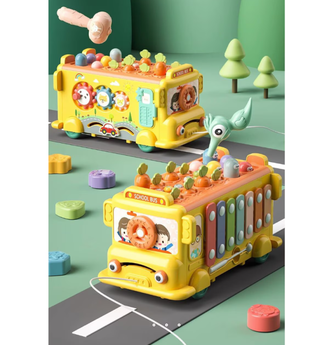 Jucarie Interactiva Autobuz Scolar, Jucarie Educationala Montessori cu Xilofon, Ciocane, Invatarea Ceasului, Joc de Pescuit, Recoltare [5]