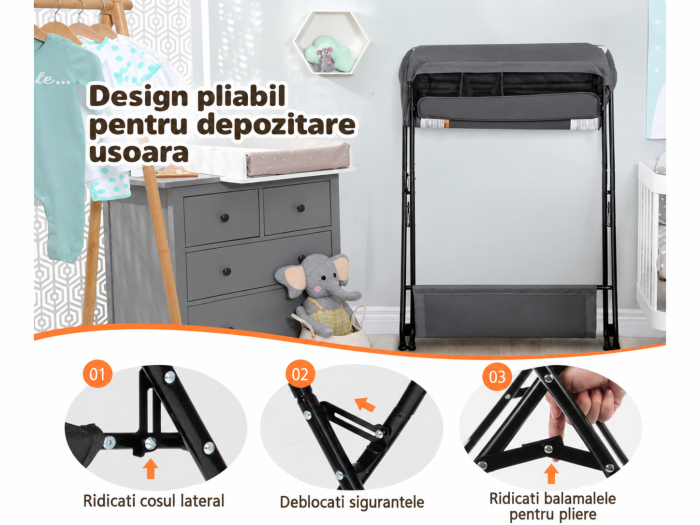 Masa Pliabila de Infasat pentru Bebelusi, Multifunctionala, cu Raft de Depozitare si Compartiment Lateral, Cadru Metalic, Joynix [5]