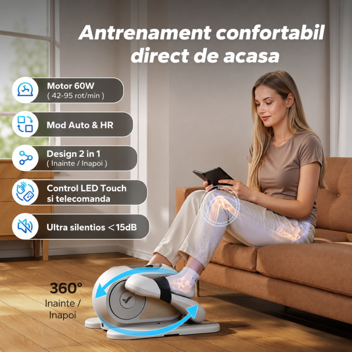 Mini Bicicleta Eliptica Electrica pentru Birou si Acasa, 12 Viteze, Telecomanda, Silentioasa, Display HD, Antrenament Picioare si Circulatie [4]