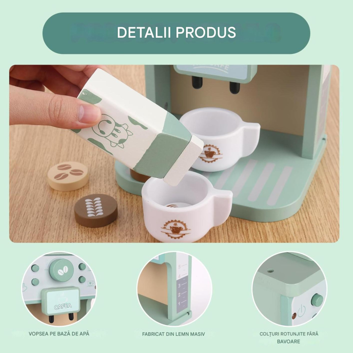 Montessori Café Junior - Set de Joaca cu Espressor din Lemn, Capsule, Cani si Accesorii, Joynix [3]