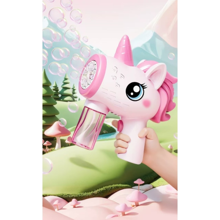 Pistol pentru Baloane de Sapun cu Rezervor pentru Solutie, Explozie de Bule, Model Unicorn Roz [6]