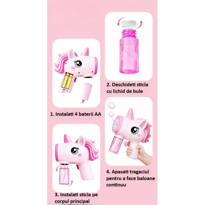 Pistol pentru Baloane de Sapun cu Rezervor pentru Solutie, Explozie de Bule, Model Unicorn Roz [4]