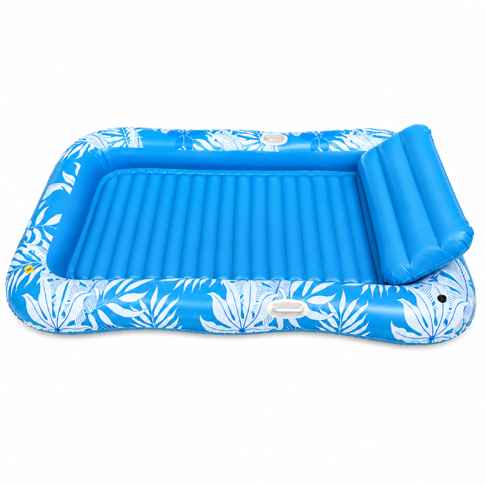 Saltea Gonflabila pentru Piscina si Plaja, 208 x 130 cm, cu Perna Integrata, Suport pentru Pahar si Manere Laterale, Design Tropical Albastru-Alb, Sezlong Plutitor pentru Adulti [4]