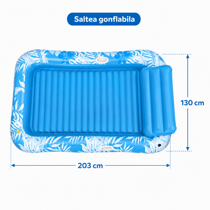 Saltea Gonflabila pentru Piscina si Plaja, 208 x 130 cm, cu Perna Integrata, Suport pentru Pahar si Manere Laterale, Design Tropical Albastru-Alb, Sezlong Plutitor pentru Adulti [3]