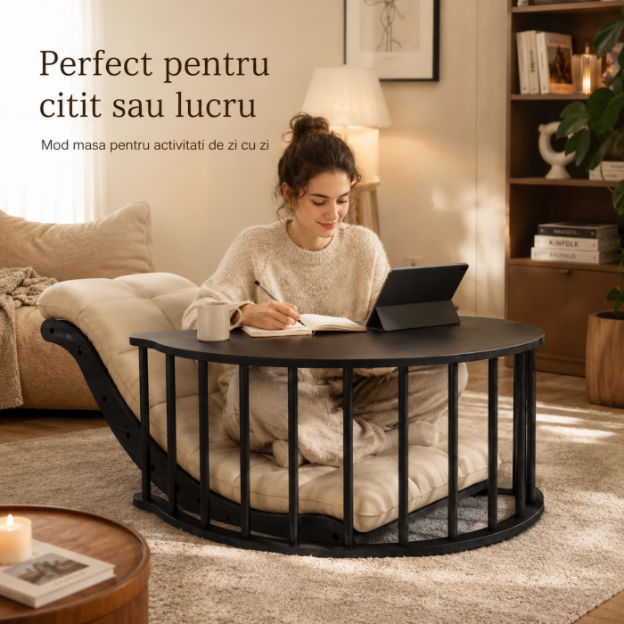 Scaun de Relaxare Balansoar cu Perna Matlasata, Cadru Curbat din Lemn 2 in 1, pentru Interior sau Terasa, Utilizare ca Scaun si Masa Joasa, Bej cu Negru [7]