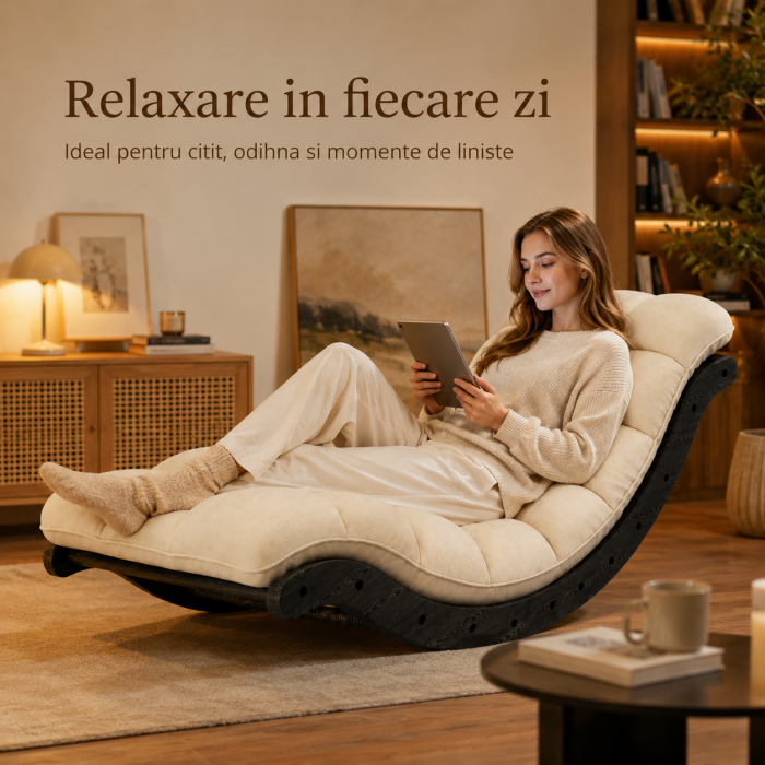 Scaun de Relaxare Balansoar cu Perna Matlasata, Cadru Curbat din Lemn 2 in 1, pentru Interior sau Terasa, Utilizare ca Scaun si Masa Joasa, Bej cu Negru [3]