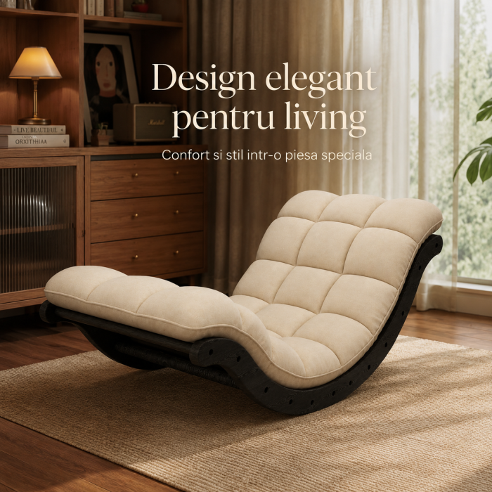 Scaun de Relaxare Balansoar cu Perna Matlasata, Cadru Curbat din Lemn 2 in 1, pentru Interior sau Terasa, Utilizare ca Scaun si Masa Joasa, Bej cu Negru [6]