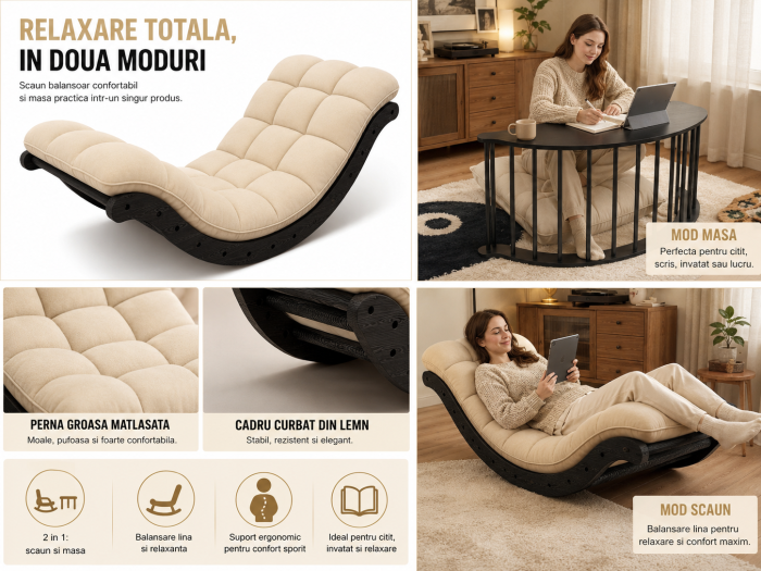Scaun de Relaxare Balansoar cu Perna Matlasata, Cadru Curbat din Lemn 2 in 1, pentru Interior sau Terasa, Utilizare ca Scaun si Masa Joasa, Bej cu Negru [4]