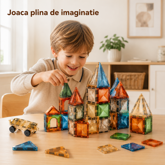 Set de Constructie Magnetic 100 Piese, Placi Magnetice 2D si 3D, cu Masinuta, Sac de Depozitare si Manual, 3+ Ani [4]