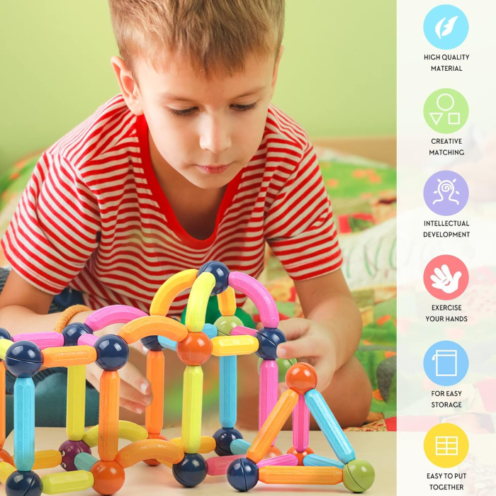 Set Educativ Magnetic cu Bete si Bile, 128 de Piese pentru Constructii 2D si 3D, Joynix [10]