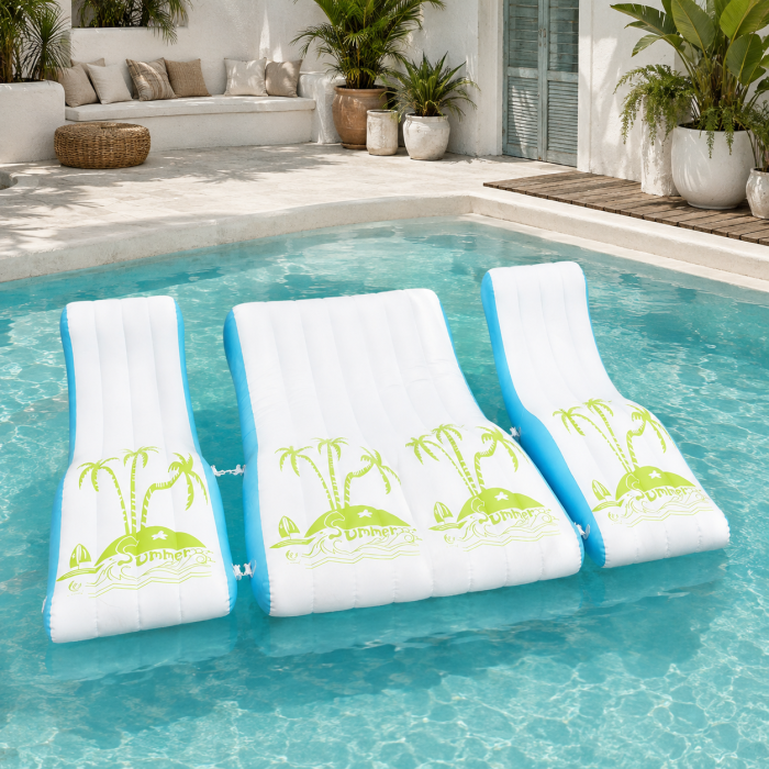 Set Gonflabil pentru Piscina, 3 Piese, Saltea Dubla pentru 2 Persoane si 2 Sezlonguri Individuale, Spatar Integrat, Design Tropical Alb-Turcoaz [7]