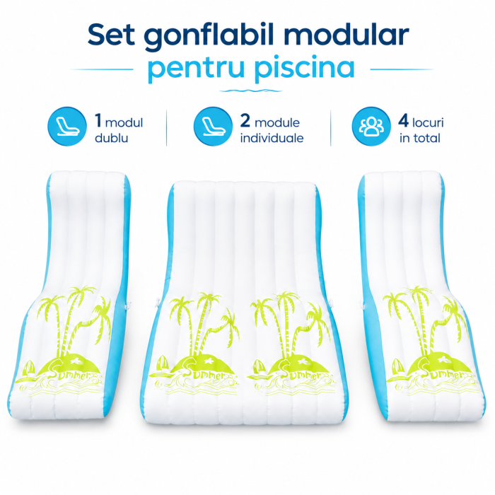 Set Gonflabil pentru Piscina, 3 Piese, Saltea Dubla pentru 2 Persoane si 2 Sezlonguri Individuale, Spatar Integrat, Design Tropical Alb-Turcoaz [5]