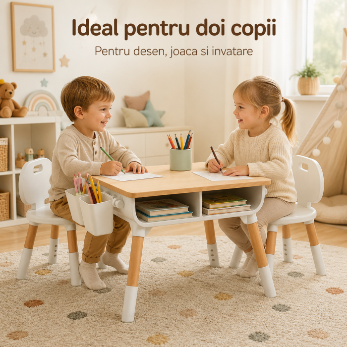 Set Masuta si 2 Scaune Reglabile pentru Copii, Spatiu de Depozitare sub Blat, 2 Organizatoare Laterale, pentru Desen, Joaca si Invatare [4]