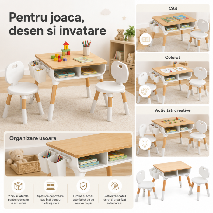 Set Masuta si 2 Scaune Reglabile pentru Copii, Spatiu de Depozitare sub Blat, 2 Organizatoare Laterale, pentru Desen, Joaca si Invatare [2]