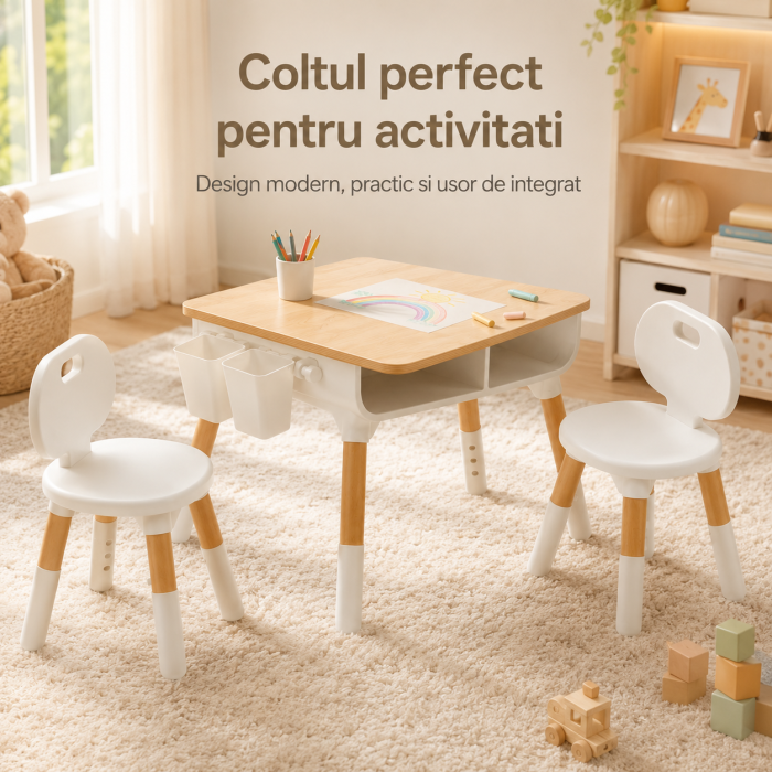 Set Masuta si 2 Scaune Reglabile pentru Copii, Spatiu de Depozitare sub Blat, 2 Organizatoare Laterale, pentru Desen, Joaca si Invatare [5]