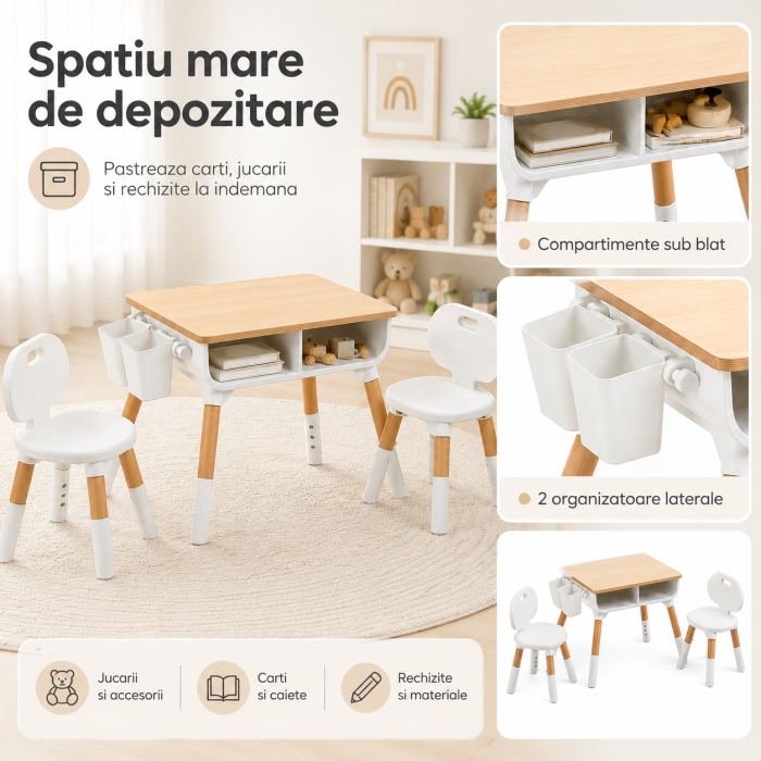Set Masuta si 2 Scaune Reglabile pentru Copii, Spatiu de Depozitare sub Blat, 2 Organizatoare Laterale, pentru Desen, Joaca si Invatare [6]