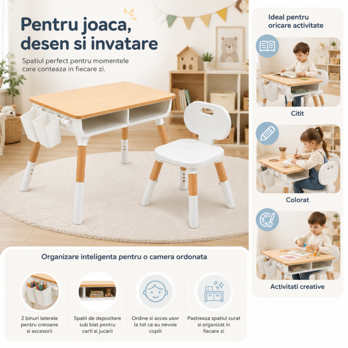 Set Masuta si Scaun Reglabile pentru Copii, Spatiu de Depozitare sub Blat, 2 Organizatoare Laterale, pentru Desen, Joaca si Invatare [2]