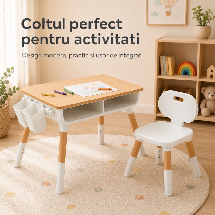 Set Masuta si Scaun Reglabile pentru Copii, Spatiu de Depozitare sub Blat, 2 Organizatoare Laterale, pentru Desen, Joaca si Invatare [6]