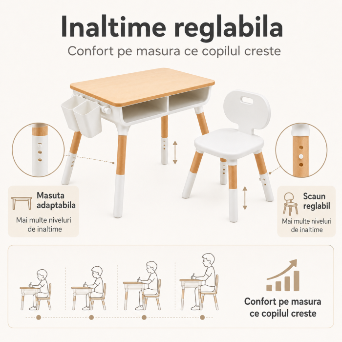 Set Masuta si Scaun Reglabile pentru Copii, Spatiu de Depozitare sub Blat, 2 Organizatoare Laterale, pentru Desen, Joaca si Invatare [3]