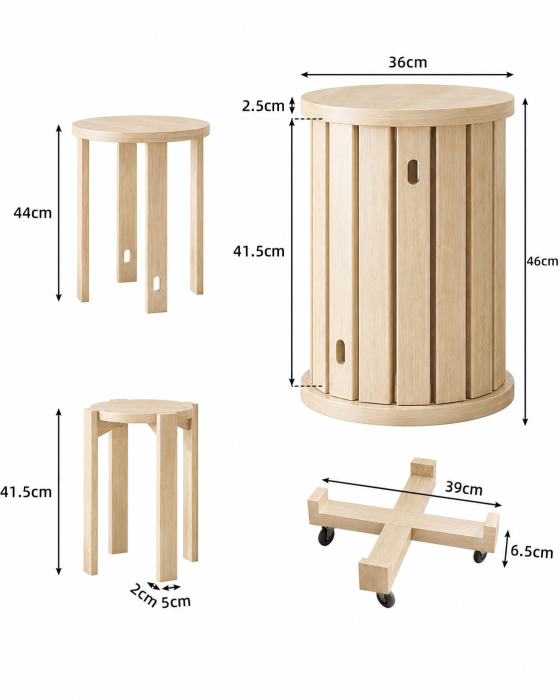 Set Mobilier 4 in 1 din Lemn Masiv, 4 Taburete Stivuibile, Suport Mobil cu Roti, Formeaza o Masuta Compacta, Economisire Spatiu, Culoare Lemn Natural [4]