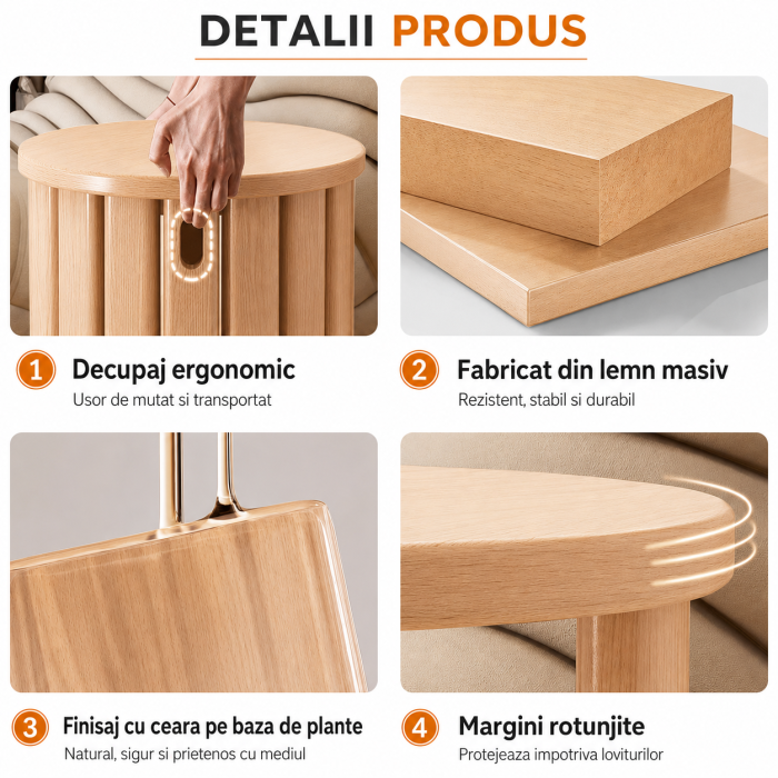 Set Mobilier 4 in 1 din Lemn Masiv, 4 Taburete Stivuibile, Suport Mobil cu Roti, Formeaza o Masuta Compacta, Economisire Spatiu, Culoare Lemn Natural [6]